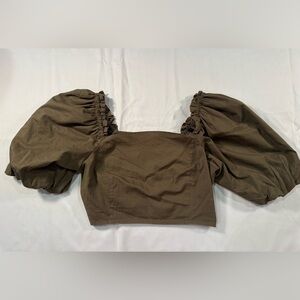 Jason Wu Olive Green Puff Sleeve Crop Blouse